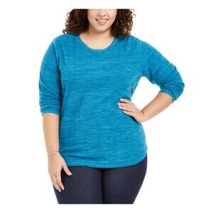 Karen Scott Top NWT Womens Plus Size 1X Teal Marled Sport Fleece Long Sleeve